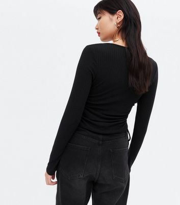 Black Ribbed Ruched Tie Side Long Sleeve Top