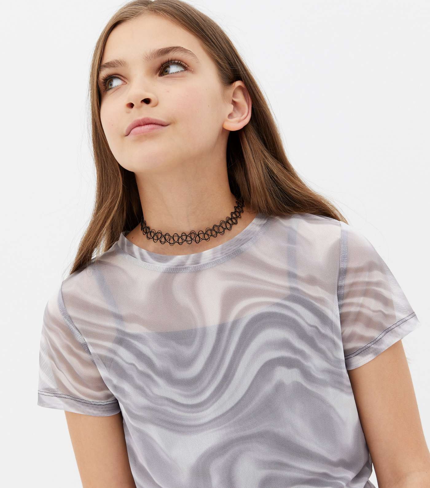 Girls Light Grey Marble Mesh T-Shirt Image 3