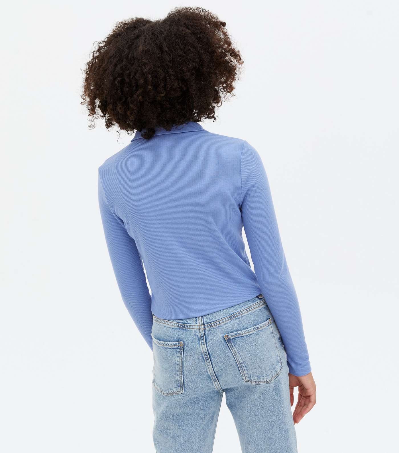 Girls Blue Ribbed Collared Long Sleeve Top Image 4