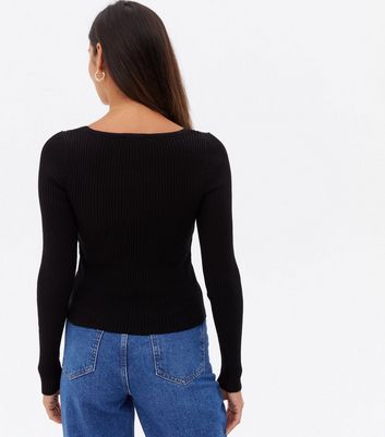 Black Ribbed Sweetheart Long Sleeve Jumper New Look