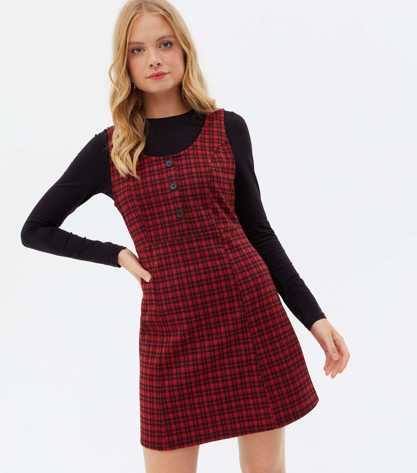 Red Check Button Front Scoop Neck Mini Pinafore Dress