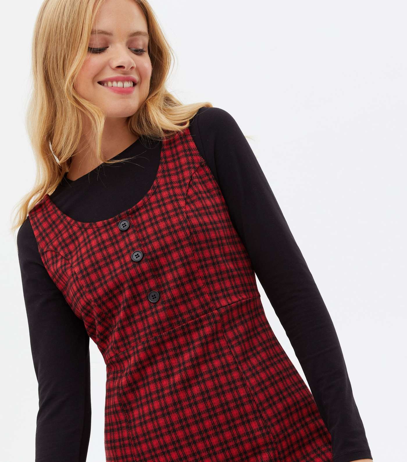 Red Check Button Front Scoop Neck Mini Pinafore Dress Image 3