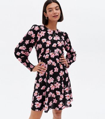 Black Floral Puff Sleeve Mini Dress