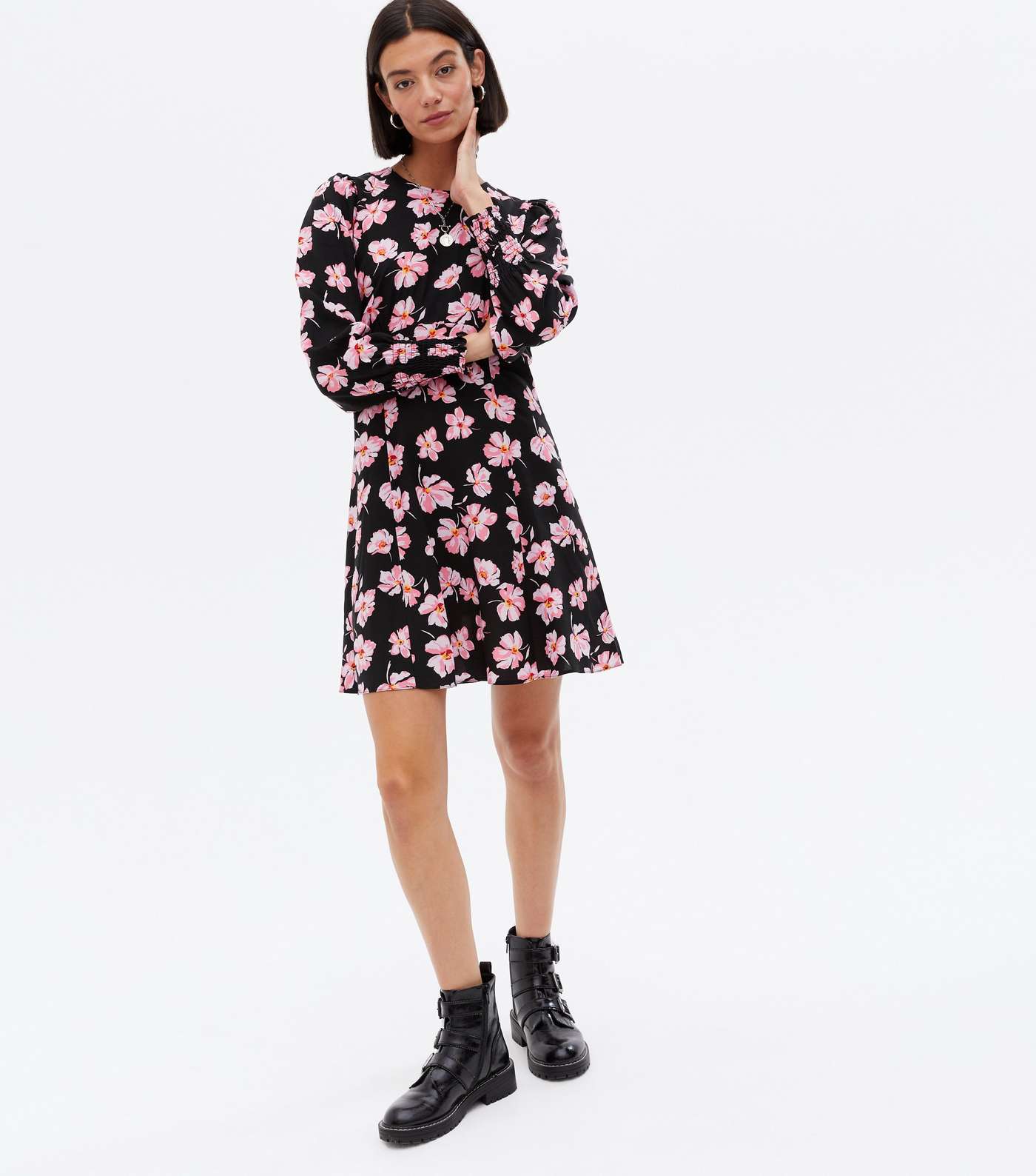 Black Floral Puff Sleeve Mini Dress Image 2