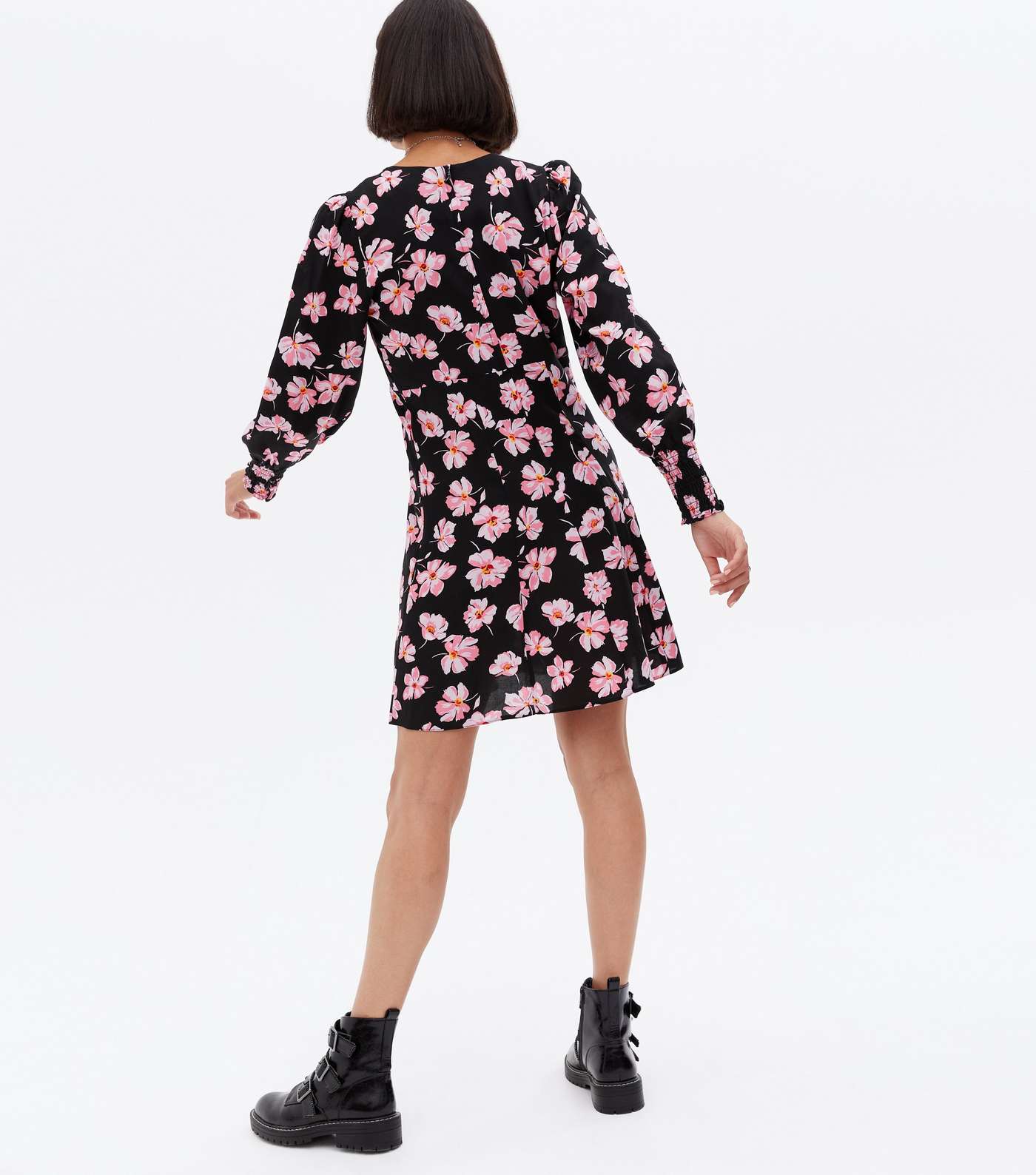 Black Floral Puff Sleeve Mini Dress Image 4