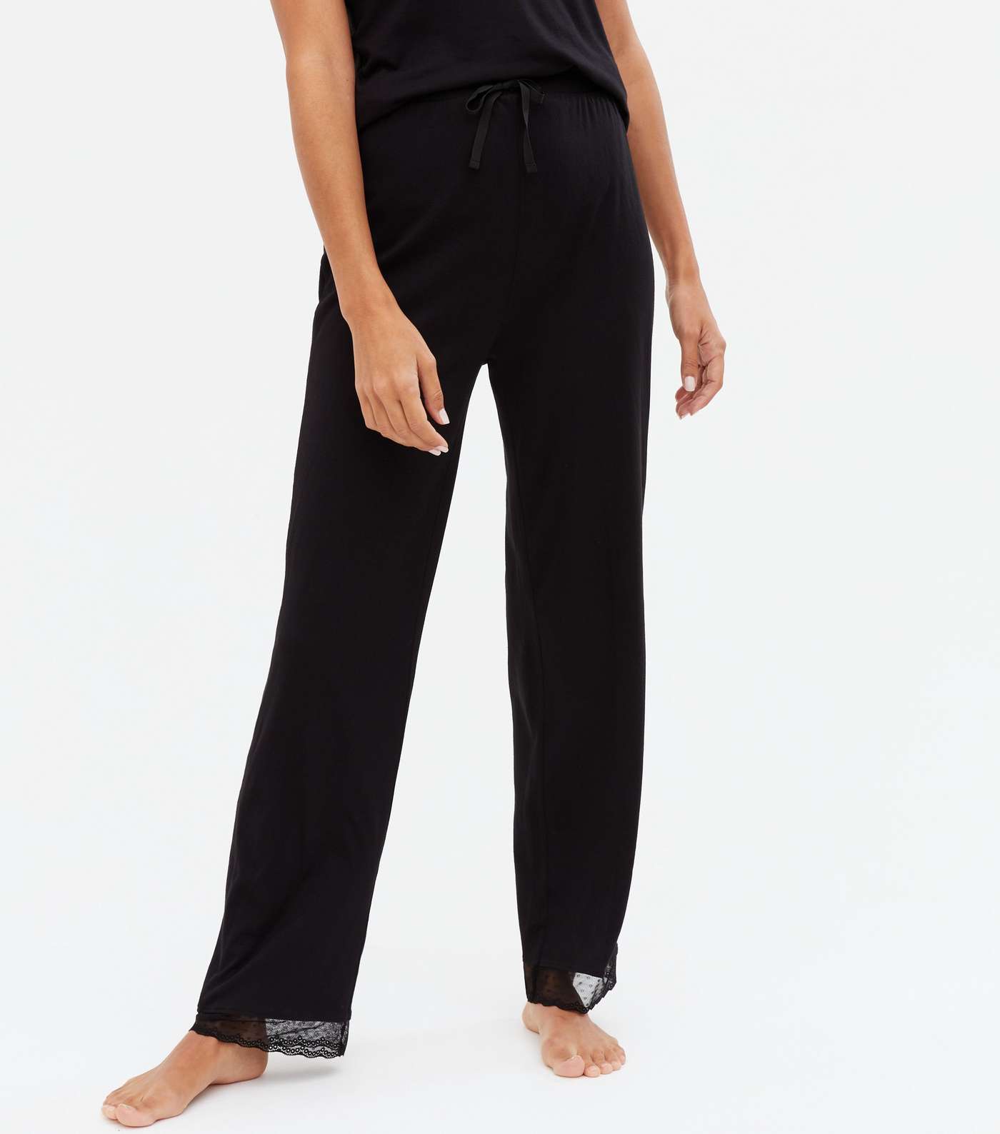Black Cami and Trouser Pyjama Set with Spot Lace Trim Image 3