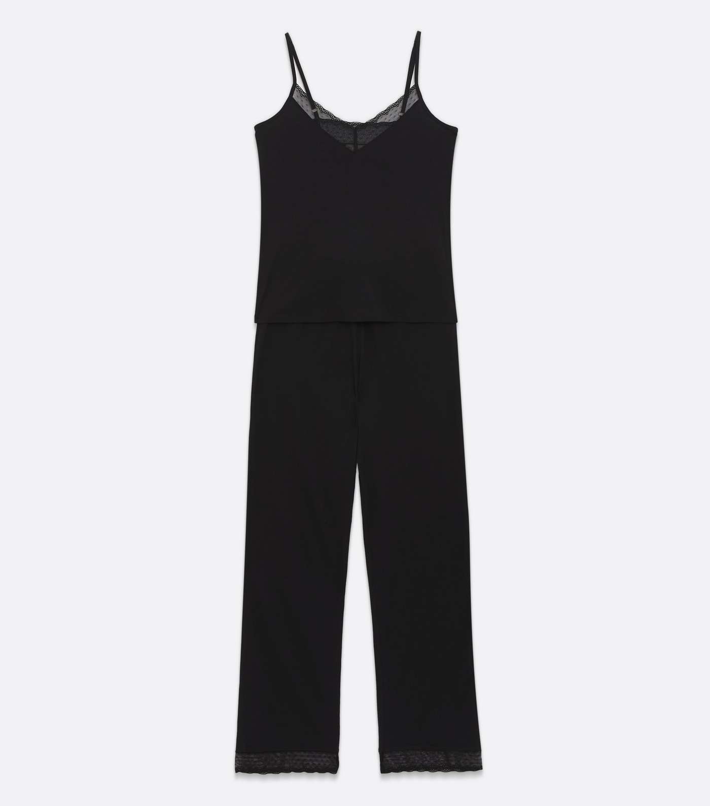 Black Cami and Trouser Pyjama Set with Spot Lace Trim Image 5
