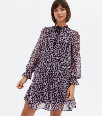 Black Ditsy Floral Chiffon Tie Neck Mini Oversized Smock Dress