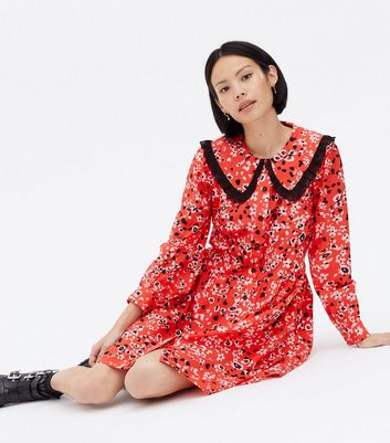 Red Floral Frill Collar Mini Oversized Smock Dress