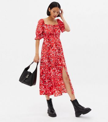 Red Ditsy Floral Shirred Square Neck Midi Dress New Look