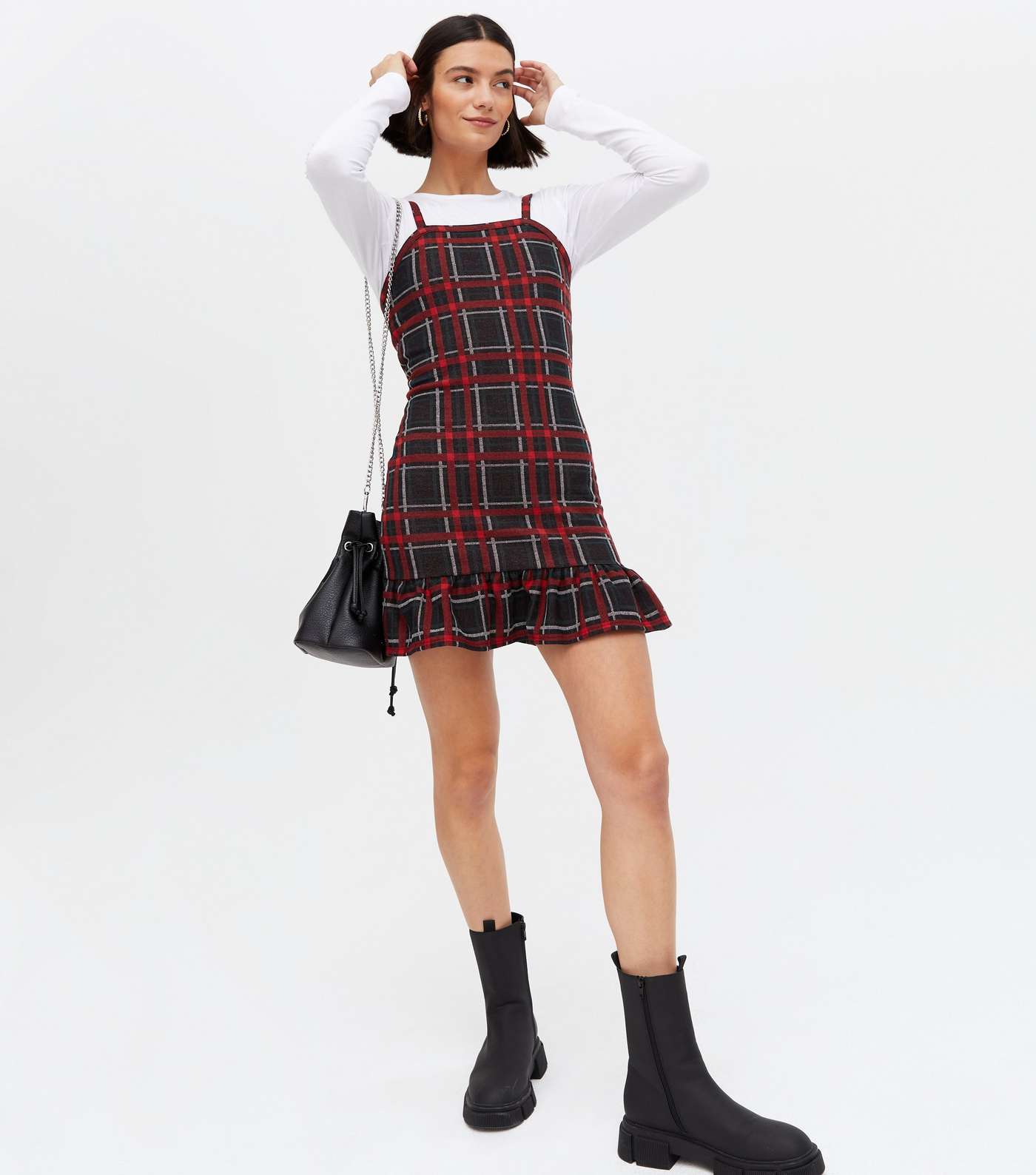Wednesday's Girl Red Check 2-in-1 Frill Pinafore Dress Image 2