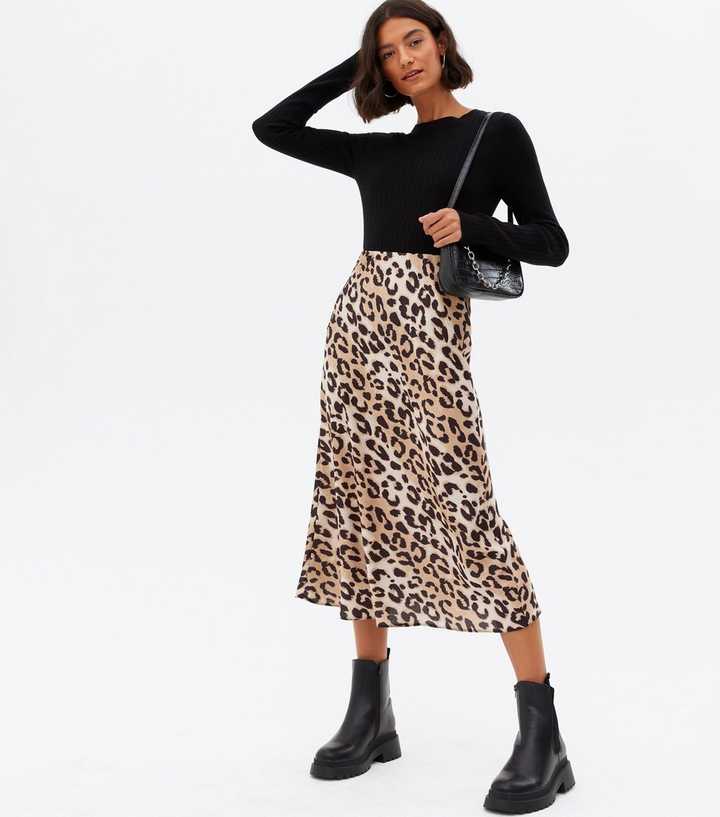 tæmme G lettelse Brown Leopard Print Satin Bias Cut Midi Skirt | New Look
