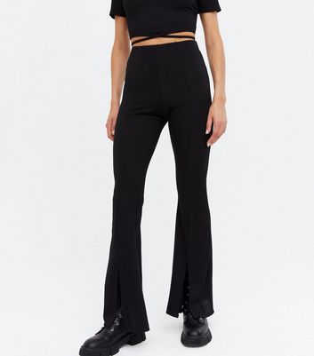 Black Ribbed Split Front Flared 