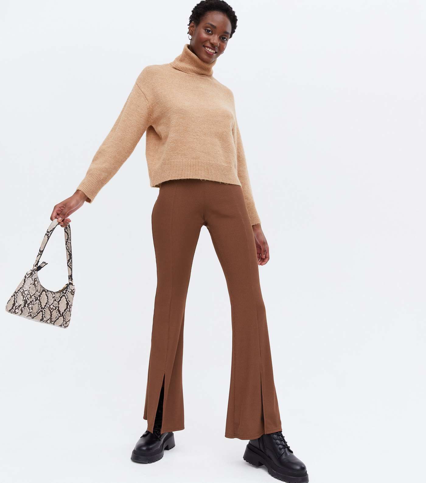 Dark Brown Ribbed Split Front Flared Trousers