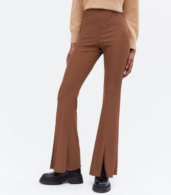 Damen Bekleidung Dark Brown Ribbed Split Front Flared Trousers