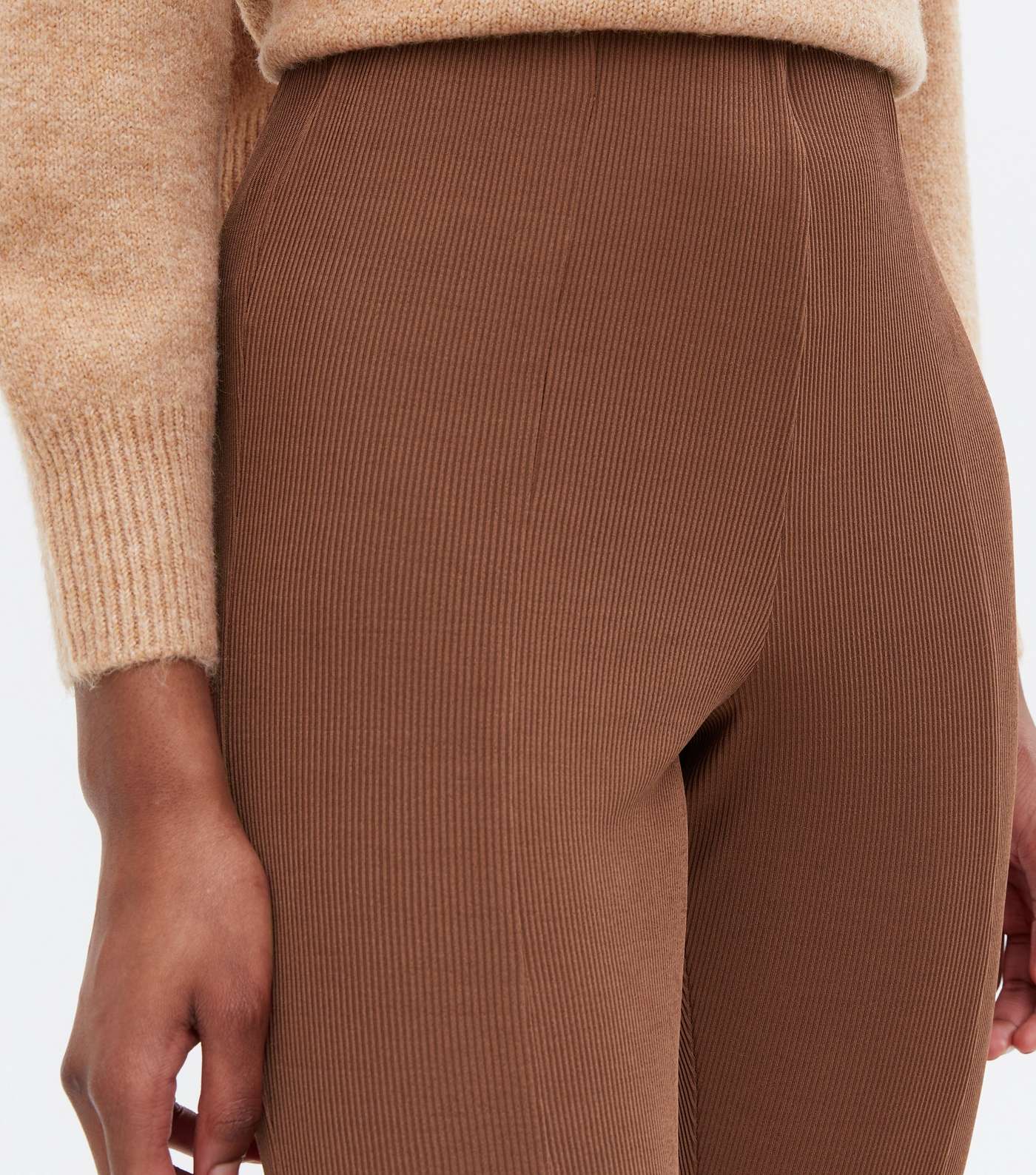 Dark Brown Ribbed Split Front Flared Trousers Image 3