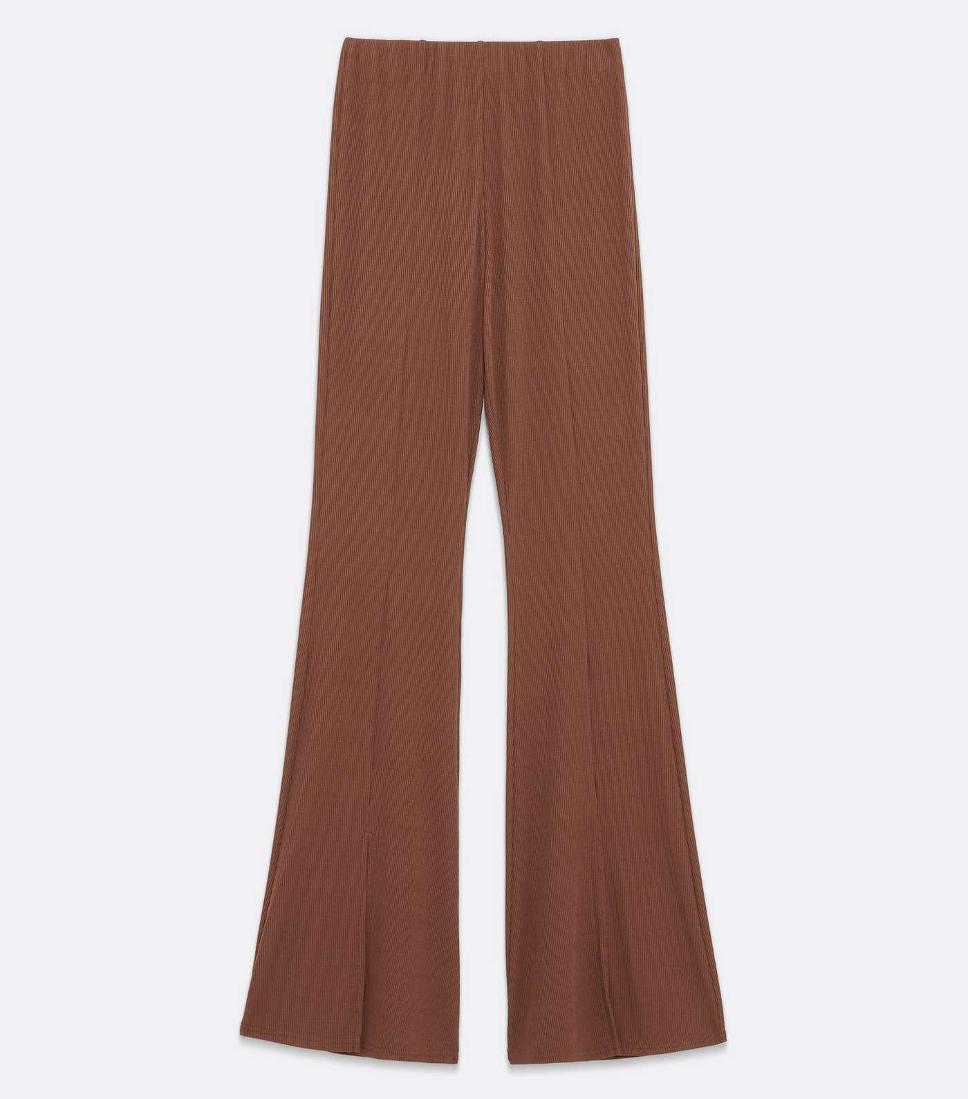 Dark Brown Ribbed Split Front Flared Trousers Image 5