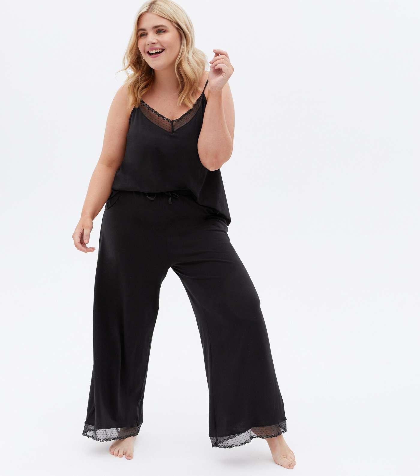 Curves Black Cami Trouser Pyjama Set with Lace Trim Image 2