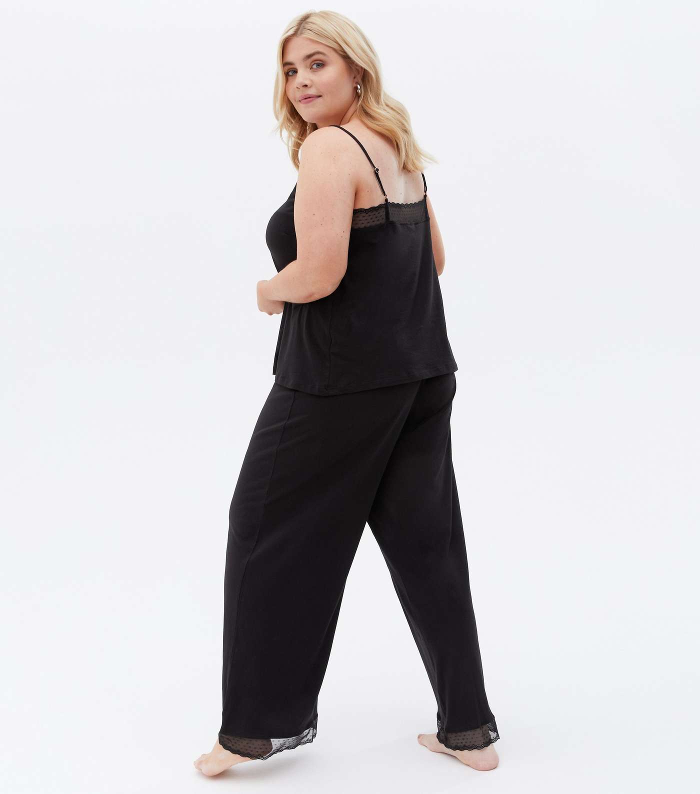 Curves Black Cami Trouser Pyjama Set with Lace Trim Image 4