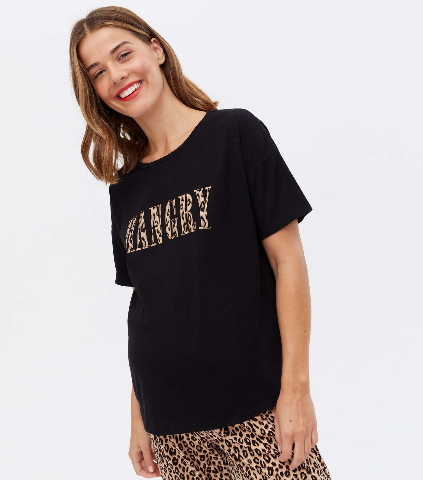 Maternity Black Leopard Print Jogger Pyjama Set with Hangry Logo Image 2