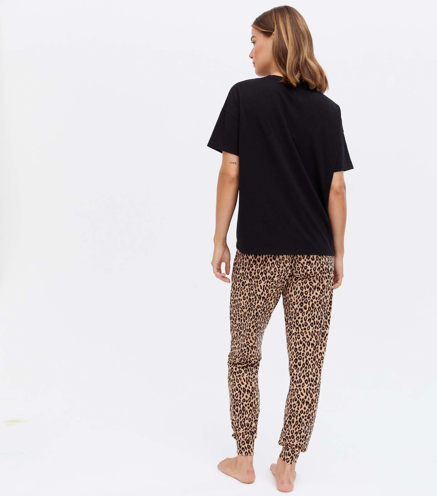 Maternity Black Leopard Print Jogger Pyjama Set with Hangry Logo Image 4