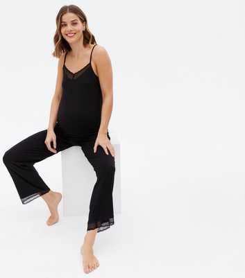 Maternity Black Cami Trouser Pyjama Set with Spot Lace Trim