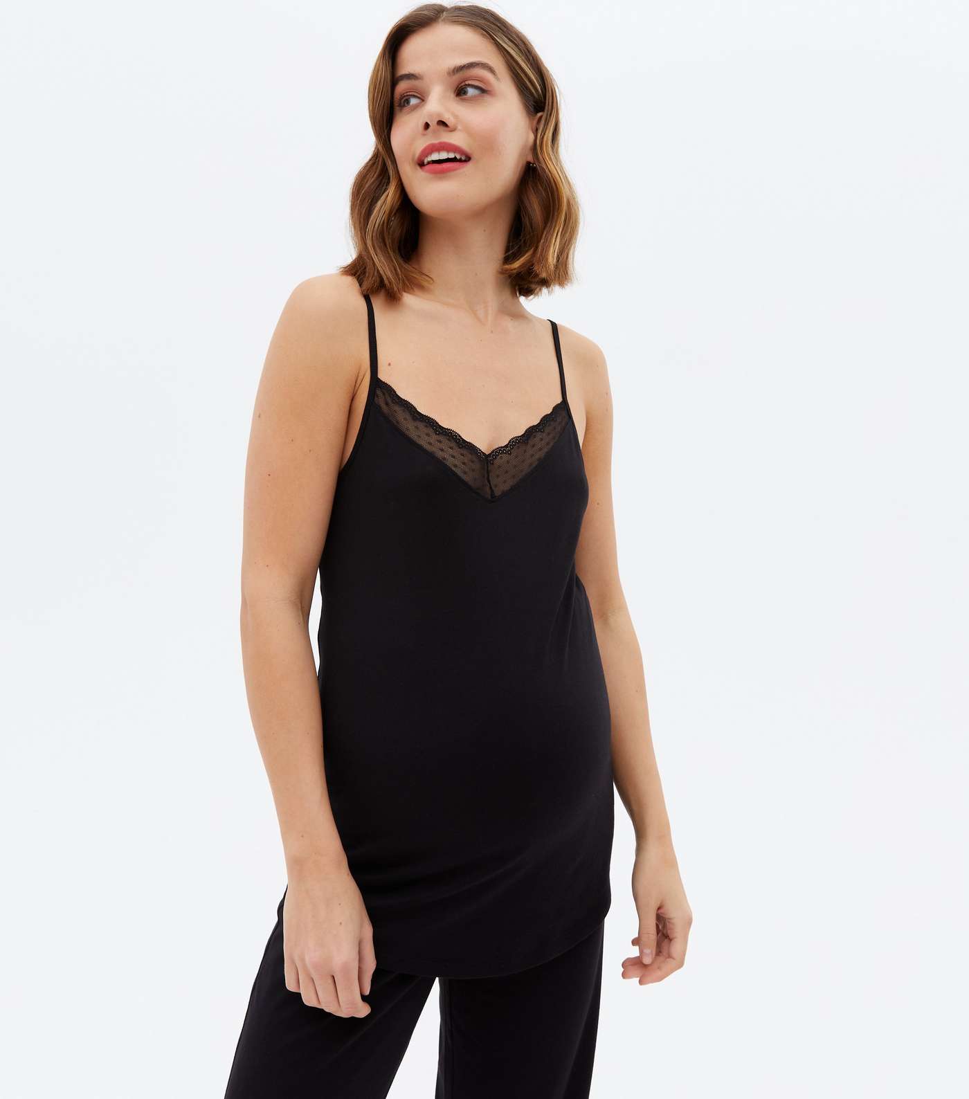 Maternity Black Cami Trouser Pyjama Set with Spot Lace Trim Image 2