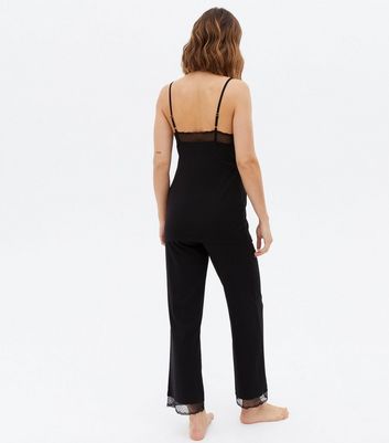 Damen Bekleidung Maternity Black Cami Trouser Pyjama Set with Spot Lace Trim
