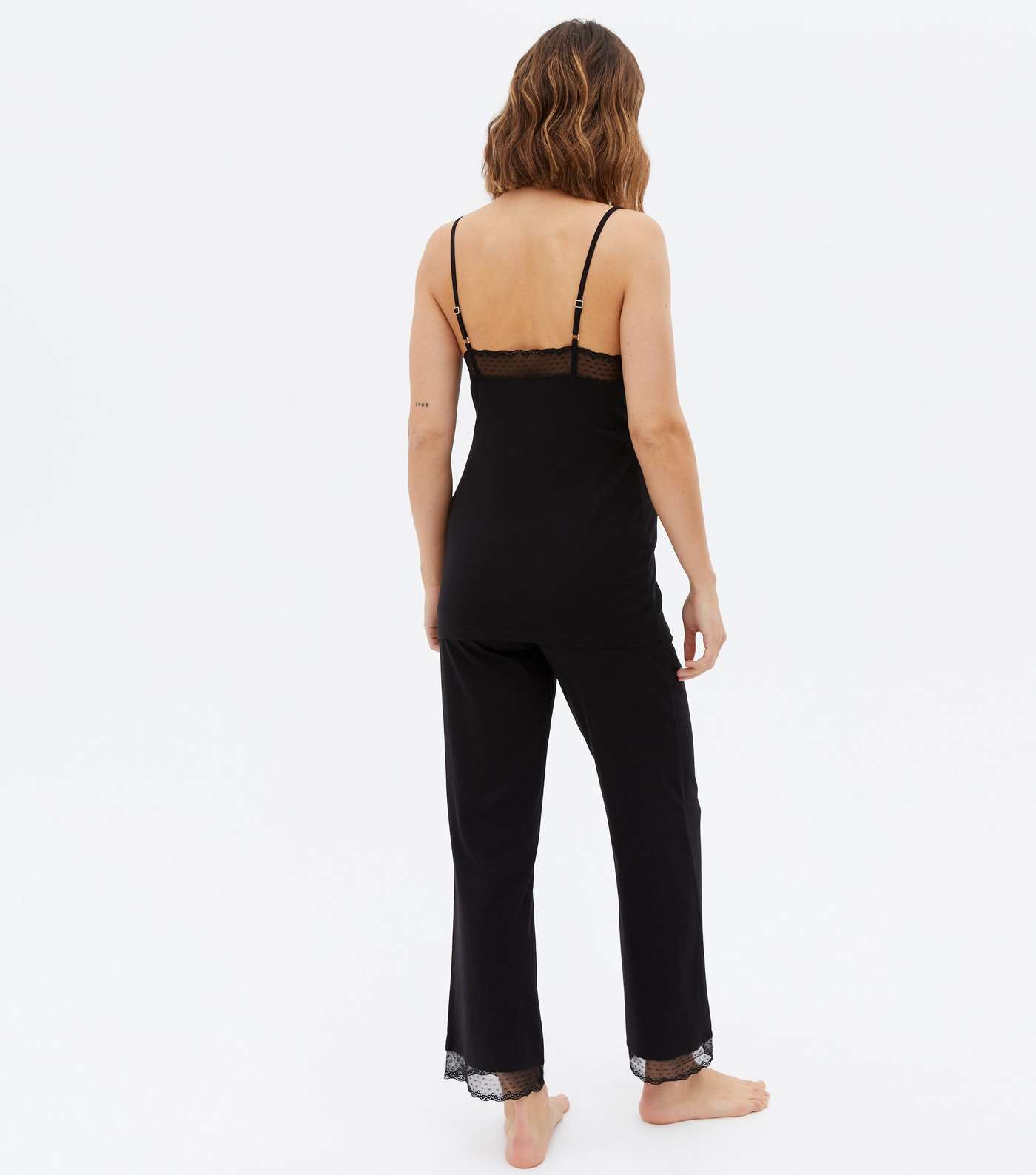 Maternity Black Cami Trouser Pyjama Set with Spot Lace Trim Image 4