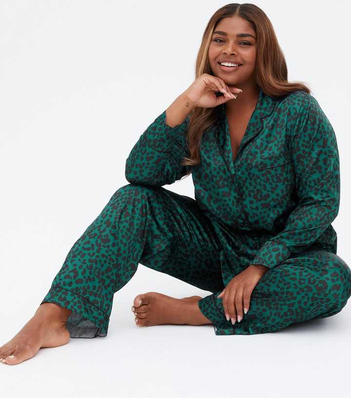 Curves Dark Green Satin Trouser Pyjama Set with Leopard Print