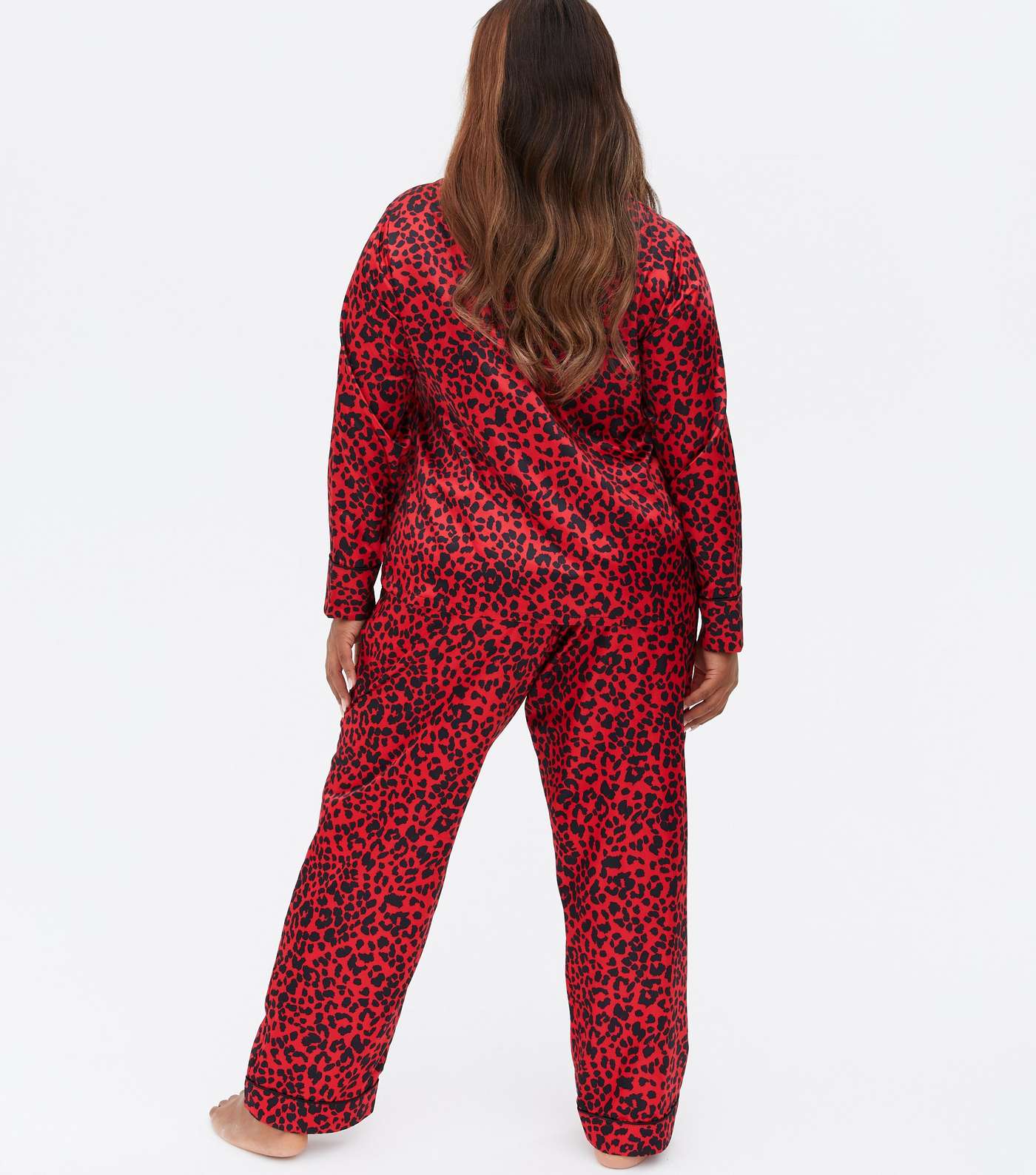 Curves Red Satin Trouser Pyjama Set with Leopard Print Image 4