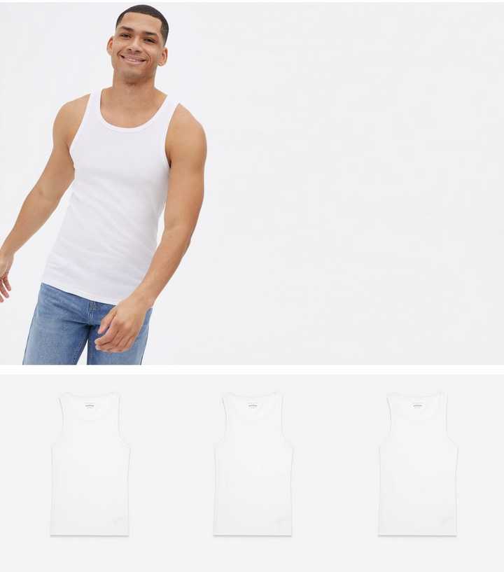 Mens White 3pk Sleeveless Vests