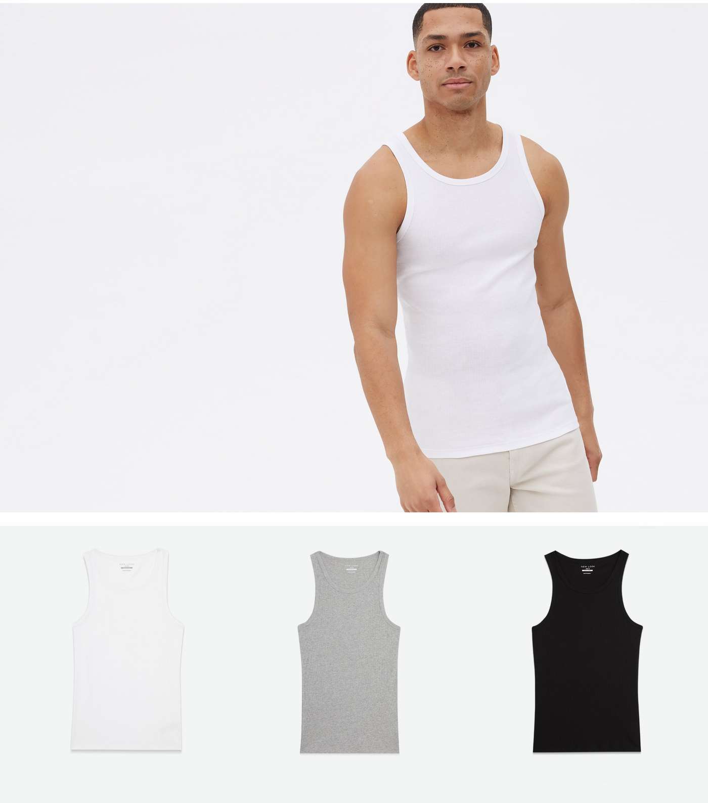 3 Pack Grey Black and White Muscle Fit Vests