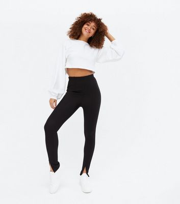 Black Ribbed Split Front Leggings | New 