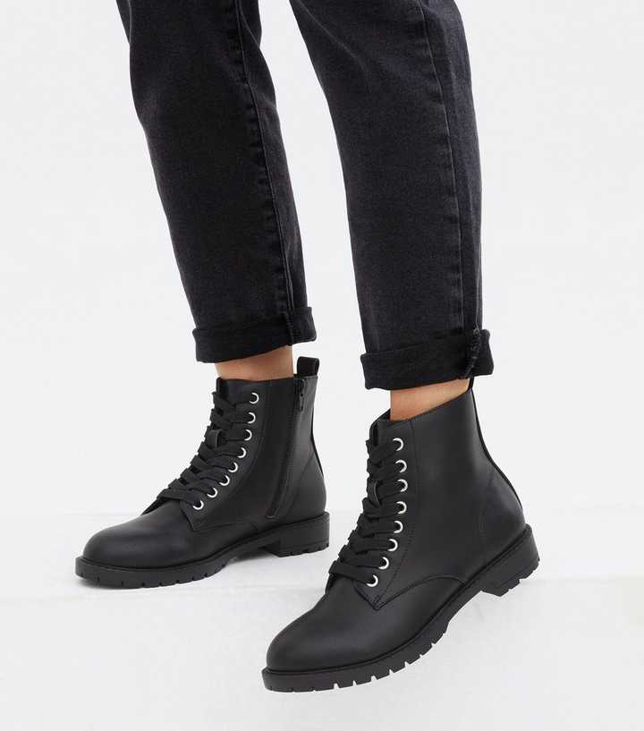 New Look flat high ankle lace-up boots in black