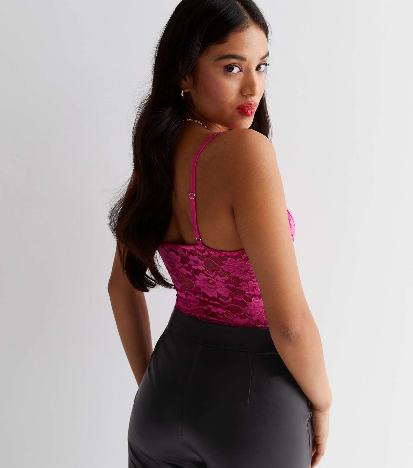Petite Bright Pink Lace Strappy Bodysuit Image 4