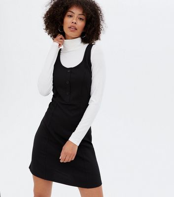 Tall Black Button Front Mini Pinafore Dress | New Look