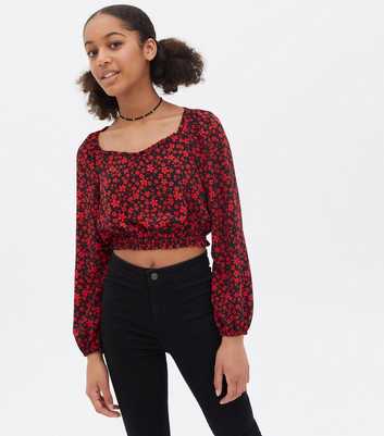 Girls Red Ditsy Floral Sweetheart Blouse