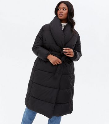 belted black padded womens coat