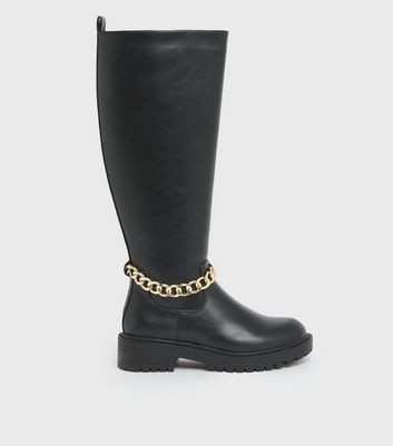 new look knee high chunky biker boot in black