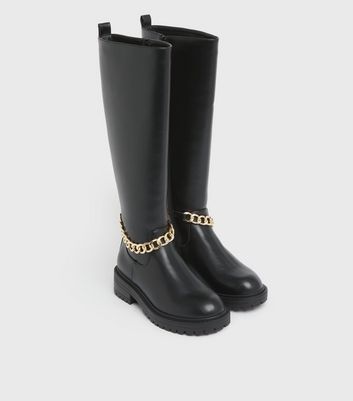 new look knee high chunky biker boot in black