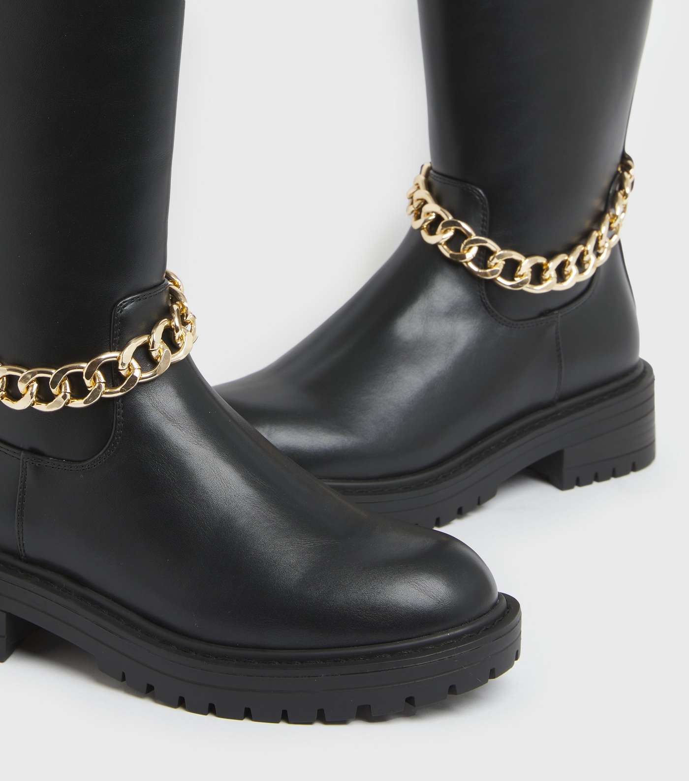 Black Chain Trim Chunky Knee High Boots Image 4