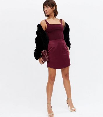 Burgundy Satin Curved Hem Mini Skirt