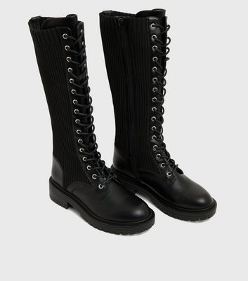 Black tie up knee high clearance boots