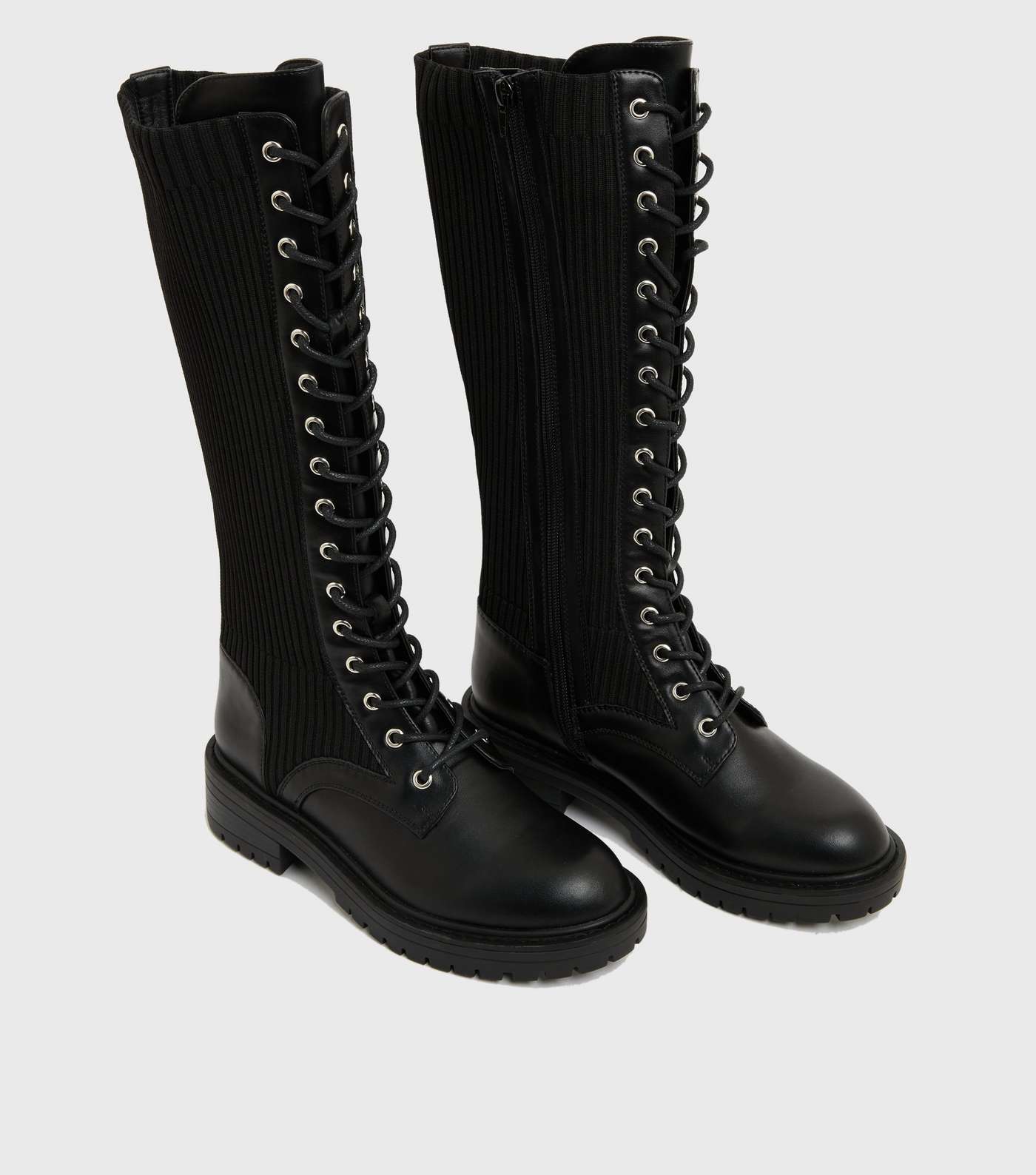 Wide Fit Black Knit Lace Up Knee High Boots Image 3