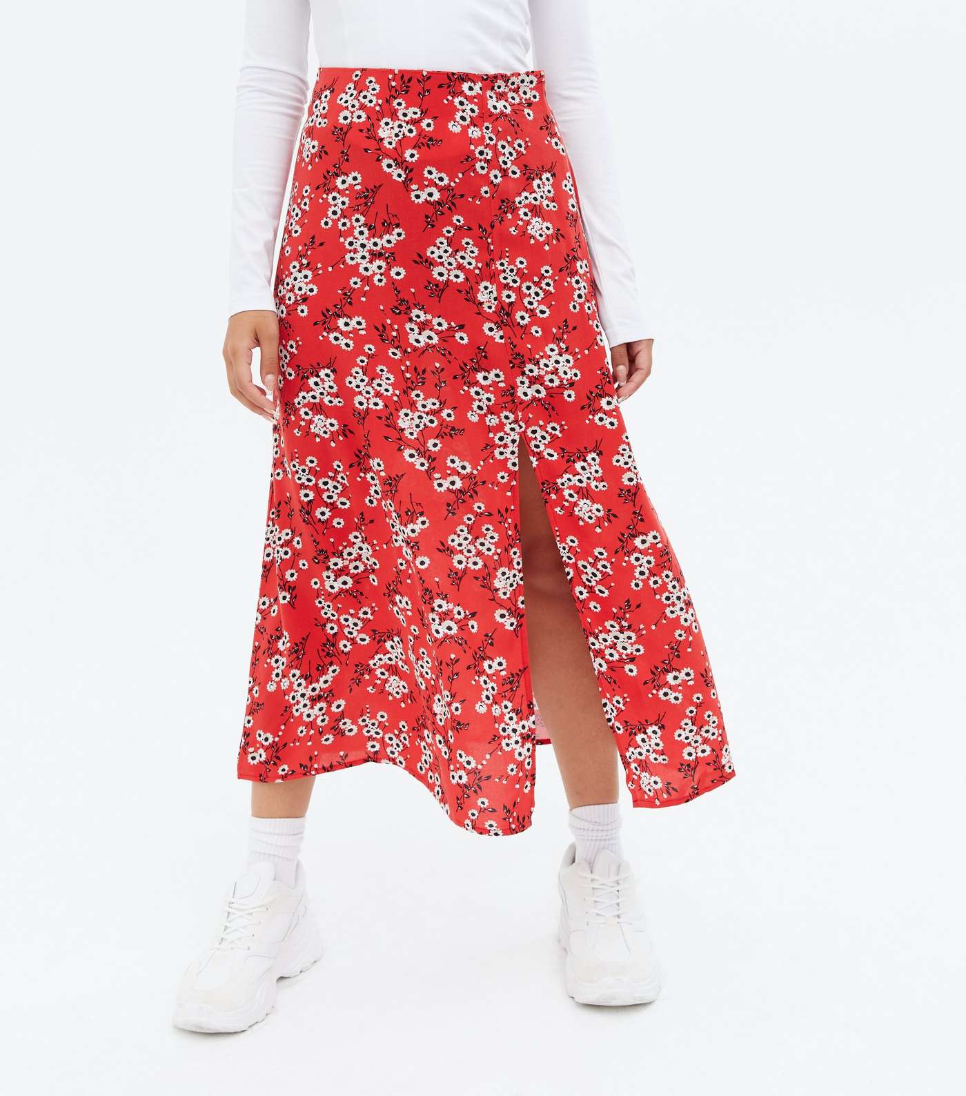 Petite Red Floral Split Front Midi Skirt Image 2