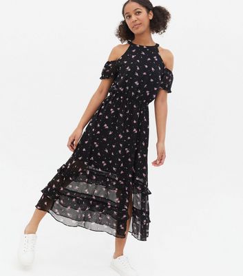 Girls Black Floral Chiffon Cold 