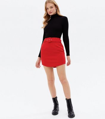 Red Belted Curved Hem Mini Skirt New Look