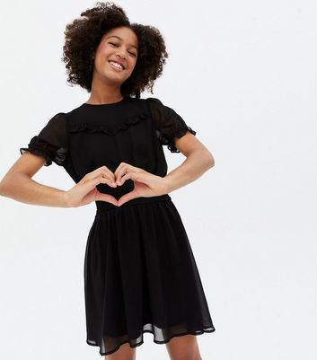 Girls Black Chiffon Yoke Frill Mini Dress