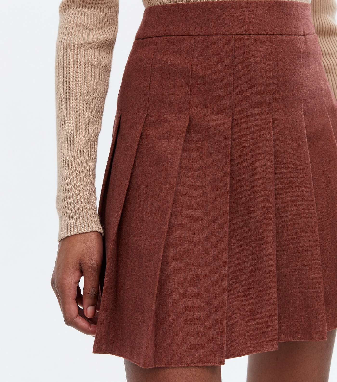 Rust Brushed Pleated Curved Hem Mini Skirt Image 3